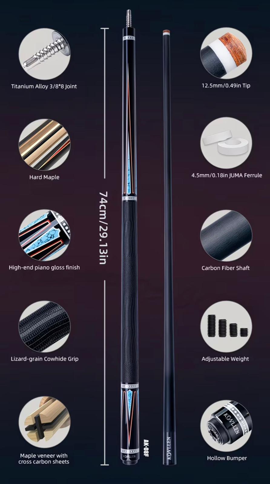 Konllen Series 2.0 AK-08F Professional Pool Cue Set – 12.5mm Tip with Case, Extension & Accessories